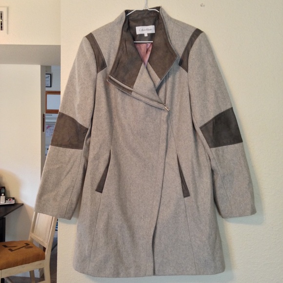 Calvin Klein Gray Wool Pea Coat With Rose Gold or Mauve Color Lining - Picture 2 of 7